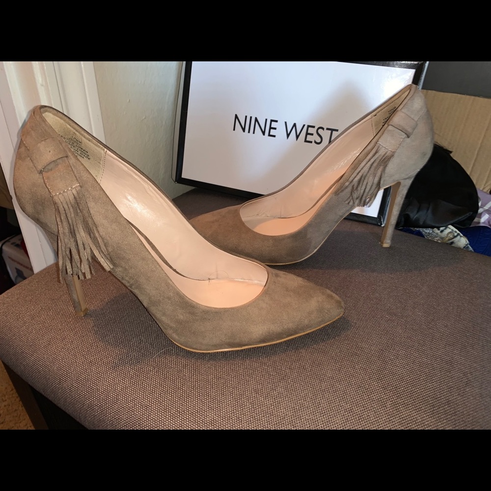 Taupe Nine West pumps.